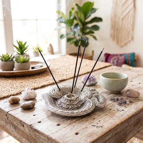 Miniatura 2 de LOVENSPIRE Om - Soporte para incienso de aluminio plateado Agarbatti Dhoop para cenizas, Dhoop Dan, soporte de incienso sin desorden bandeja cónica
