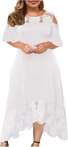 MOBCTG Vestidos negros de talla grande, vestido de moda para mujer, con costuras de encaje con volantes, manga corta, sin tirantes, vestido de