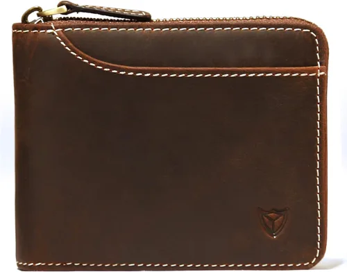 DONWORD RFID - Cartera de cuero con cremallera para hombre billetera plegable con múltiples tarjetas Vintage
