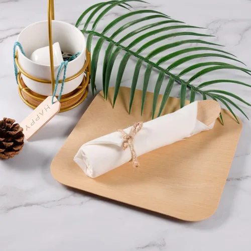 Miniatura 5 de Juego de servilletas y cubiertos de bambú preenrollados, paquete de 100 utensilios de bambú/cubiertos compostables