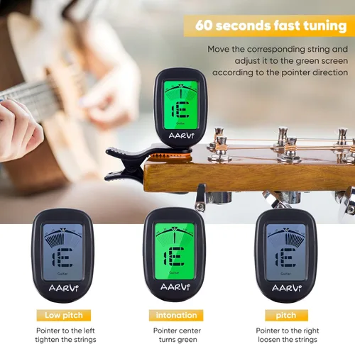 Miniatura 4 de AARVI Afinador de guitarra con clip para todos los instrumentos, guitarra acústica/eléctrica, ukelele, bajo, violín, banjo, pantalla LCD grande