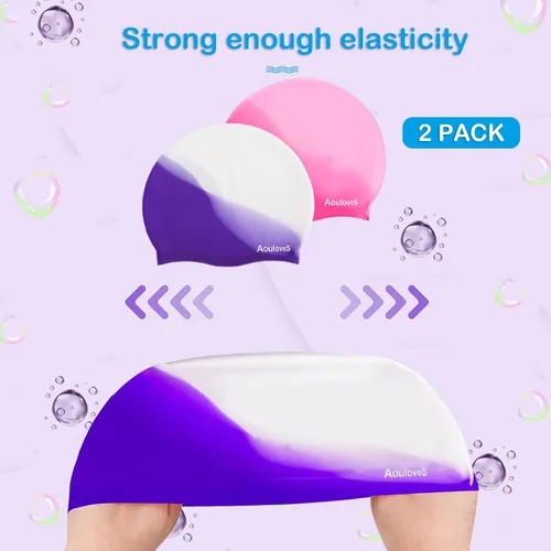 Miniatura 6 de Paquete de 2 gorros de natación para niños y niñas, unisex, de silicona, para niños de 4 a 12 años, ajuste cómodo para cabello largo y cabello corto