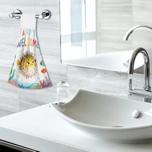 Miniatura 7 de Toallas colgantes para cocina con punta de dedo para baño, bienvenida, pescado, japonés, retro, impreso, bienvenida, lápiz de pescado