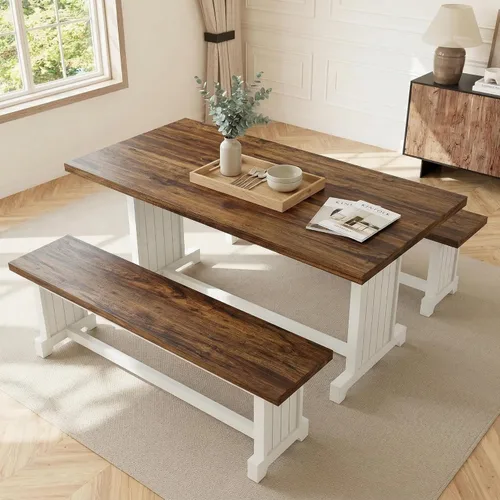 Miniatura 3 de Tribesigns Juego de mesa de comedor de 47 pulgadas para 4, mesa de cocina de 3 piezas con 2 bancos, muebles de cena de madera de granja