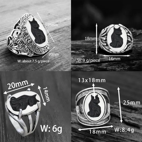 Miniatura 9 de Vintage Look 10pcs Lot Cat Cameo Anillos para las Mujeres Antiguo Plata Real Plateado Diseño Tamaño Mezclado Personalizado Joyería de Moda, Metal