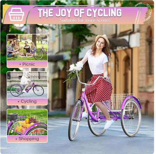 Miniatura 2 de Triciclo para adultos de 1 velocidad, bicicletas de 3 ruedas de 24 pulgadas con canasta grande, bicicleta de crucero para mujeres/hombres/personas