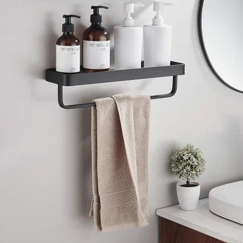 Miniatura 2 de Estante de vidrio templado para baño de 15.7 pulgadas con toallero, organizador de ducha de aluminio montado en la pared, gabinete de almacenamiento