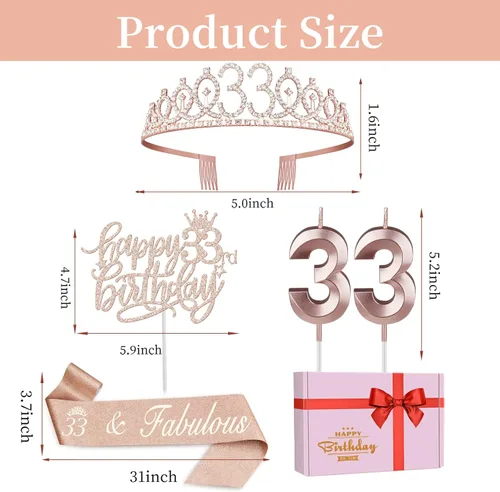 Miniatura 6 de Decoraciones de cumpleaños de 33 años para mujeres, incluyendo banda de cumpleaños, tiara/corona, velas numéricas y decoración de pastel, regalos