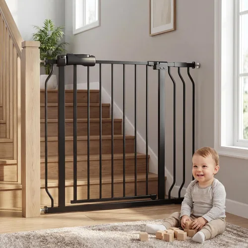 Miniatura 18 de Puerta extra ancha para bebé, puertas de seguridad extra altas para interiores, metal negro, gran montaje a presión, puerta para mascotas, puerta