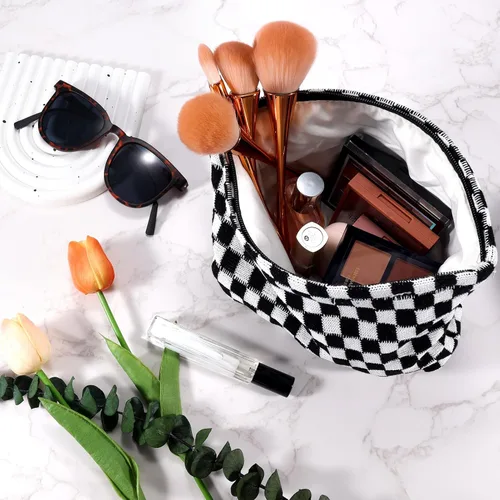 Miniatura 2 de ZLFSRQ Bolsa de maquillaje a cuadros para mujer, grande y pequeña, juego de bolsa de cosméticos a cuadros, bolsas de aseo de viaje, bolsa