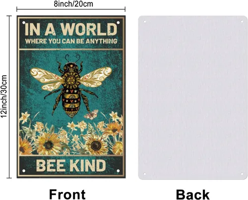 Miniatura 2 de SUPERDANT Letreros de lata de flor de abeja, divertidas citas inspiradoras con texto en inglés «Be Kind», póster de metal con girasoles vintage