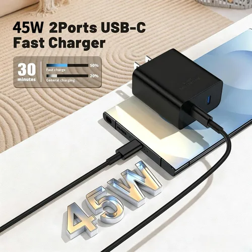 Miniatura 3 de Cargador súper rápido de 45 W de doble puerto con cable largo USB C a C de 10 pies, bloque de cargador de pared tipo C y cable de carga de teléfono