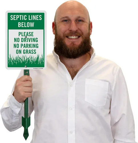 Miniatura 9 de SmartSign Letrero de patio con texto en inglés "Septic Lines Below - Please No Driving No Parking On Grass" de 10 x 7 pulgadas, kit de estaca de 18