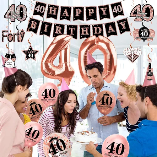Miniatura 4 de Turypaty Kit de 34 piezas de decoración de cumpleaños 40 para mujer, globos de feliz cumpleaños de 40 años de oro rosa, centro de mesa, kit