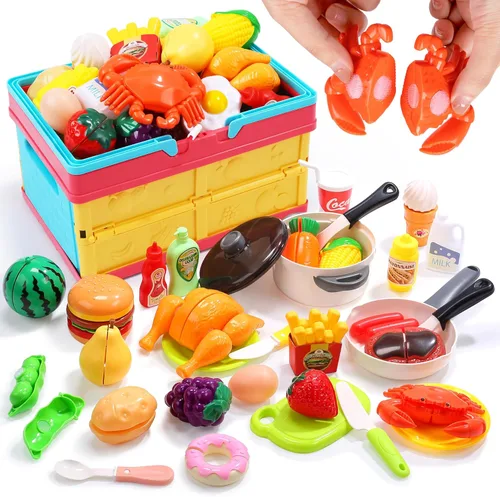 HOLYFUN Juego de juguetes de comida para niños, cesta de la compra con accesorios de corte de frutas y verduras, olla y sartén, platos de plástico,