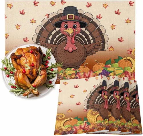 Miniatura 107 de Juego de 4 manteles individuales Boho de otoño, calabazas de acuarela para Acción de Gracias, resistentes al calor, lavables, para mesa, manteles