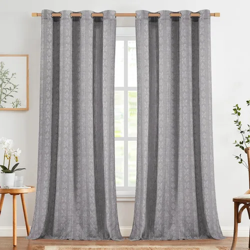 Miniatura 28 de jinchan Cortinas bohemias a rayas para sala de estar, cortinas de lino estilo granja de 63 pulgadas de largo, 2 paneles para dormitorio, mudcloth