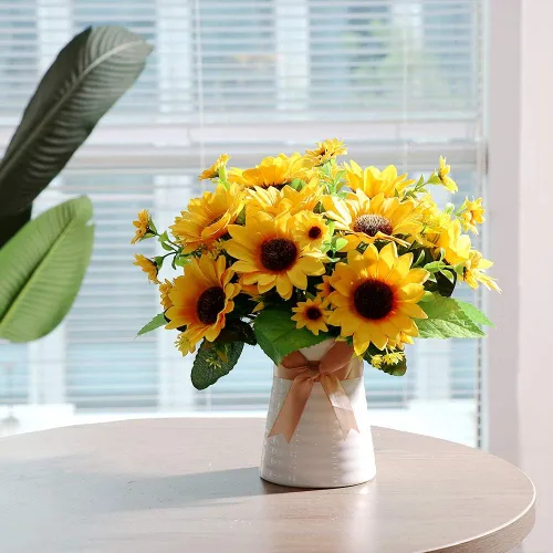 Miniatura 2 de Flores artificiales con jarrón de cerámica para decoración de otoño, 5 arreglos florales de seda falsos, centros de mesa de flores artificiales