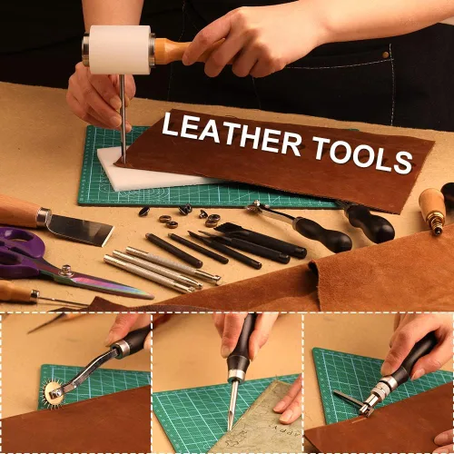 Miniatura 3 de Tikjiua 456 piezas de herramientas para trabajar el cuero con delantal y bolsa de herramientas, kit de manualidades de cuero con herramientas