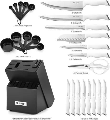 Miniatura 2 de McCook Juegos de cuchillos, juegos de bloques de cuchillos de cocina de acero inoxidable alemán con afilador incorporado Blanco/Negro
