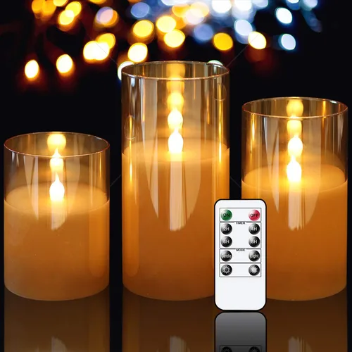 GenSwin - Velas LED sin llama de cristal dorado que funcionan con batería, con control remoto de 10 teclas y temporizador, velas de cera real de luz