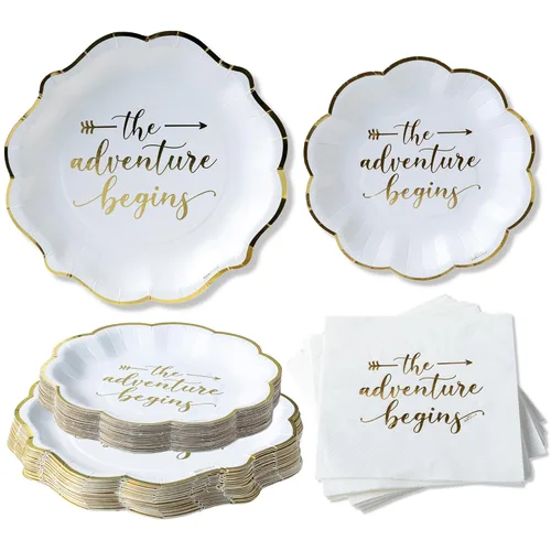 Kate Aspen The Adventure Begins - Juego de platos y servilletas de papel para boda, 72 piezas, platos de boda, vajilla desechable para 24 invitados,