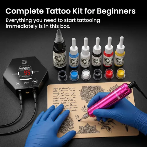 Miniatura 6 de Wormhole Tattoo Kit para principiantes Kit completo de máquina de tatuaje rotativa con 11 piezas de tinta de tatuaje, 10 agujas de cartucho, fuente
