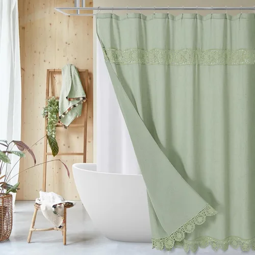 Miniatura 10 de Gibelle Juego de Cortina de Ducha Boho Farmhouse, Cortina de Ducha de Tela de Algodón y Lino con Decoración de Encaje Macramé, Cortina de Baño Beige