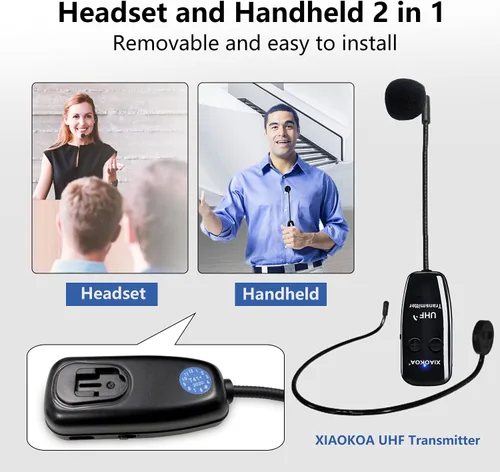Miniatura 2 de Auriculares inalámbricos UHF con micrófono: Sistema de micrófono de cabeza inalámbrico, micrófonos con carga USB-C, rango de 164 pies