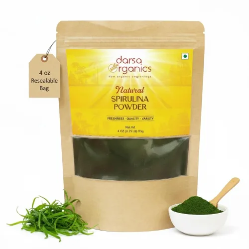 Darsa Organics Polvo de espirulina – 4 onzas (3.99 oz), superalimento natural a base de plantas, rico en proteínas, hierro y B12 para energía,