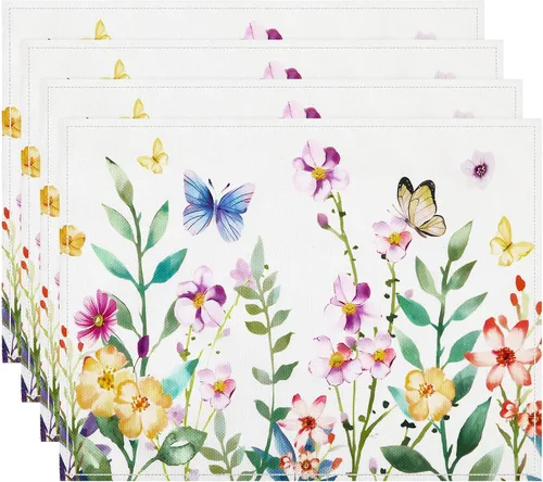 DECYOOL Juego de 4 manteles individuales de primavera, 12.5 x 17 pulgadas, diseño de flores de mariposa, para fiestas, cocina, comedor, vacaciones,