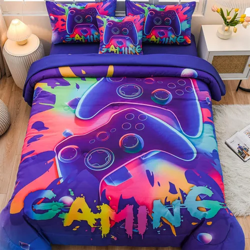 Miniatura 8 de Aimuan Juego de edredón de videojuegos para niños, conjunto de ropa de cama para niños, consola de videojuegos, botones de acción, novedoso y Morado