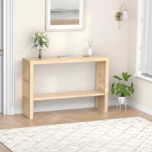 Miniatura 8 de Mesa de consola de madera de bambú 47.2" Mesa de entrada, mesa de sofá estrecha de granja de 2 niveles con estante de almacenamiento, mesa de sofá
