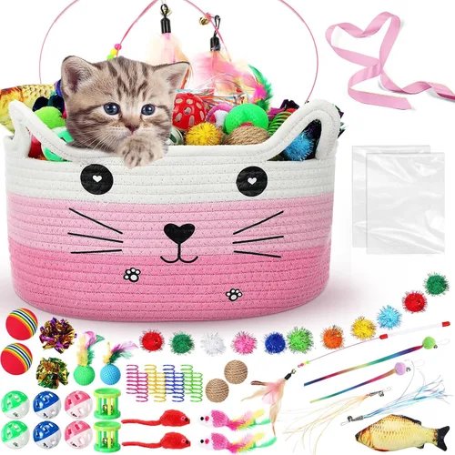 Miniatura 10 de Zopeal Juego de 76 cestas de almacenamiento para gatos, juguetes interactivos para gatos, varita para gatitos, bolas parpadeantes coloridas, bolas