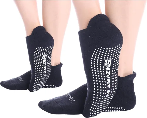 Calcetines antideslizantes para yoga, barre, pilates, hospital, maternidad, con empuñaduras, para mujeres y hombres, 2 pares, color negro
