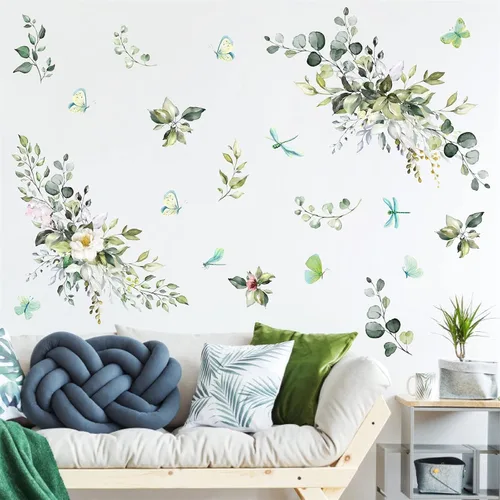 Miniatura 7 de Vinilo botánico de hojas verdes, calcomanías de vinilo para despegar y pegar, enredaderas rústicas colgantes, mural, mariposas, flores, calcomanías