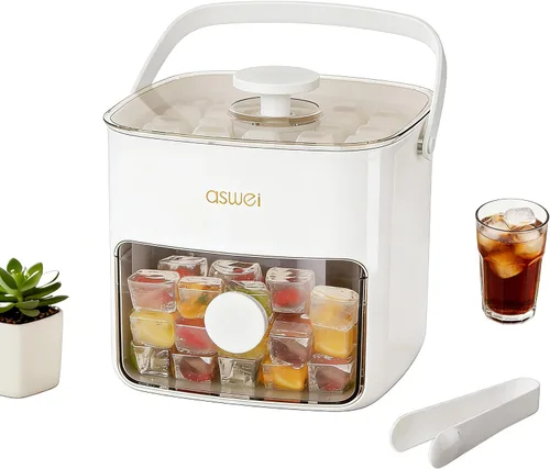 Miniatura 10 de Bandeja compacta para cubitos de hielo con tapa y contenedor, mini máquina de cubitos de hielo tipo prensa para congelador, cubo de hielo pequeño
