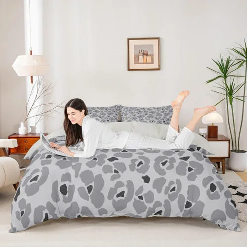 Miniatura 31 de Juego de funda de edredón con estampado de leopardo abstracto, tamaño individual, juegos de ropa de cama de piel de guepardo negro y gris