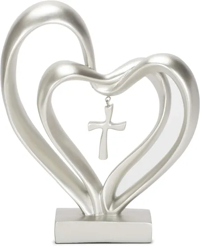 Miniatura 5 de Cruz de acabado mate en plata de 13 x 8 pulgadas de Dicksons con corazones en el medio, tope de mesa "El matrimonio necesita de tres" Tono plateado