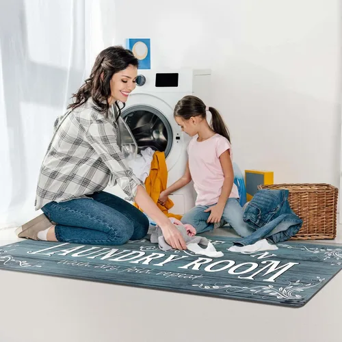 Miniatura 5 de Lansny Alfombra de lavandería de 20 x 60 pulgadas, antideslizante, impermeable, para decoración de cuarto de servicio, lavable, alfombra de Verde