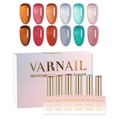 Miniatura 15 de VARNAIL Rainbow Candy Jelly - Kit de esmalte de uñas de gel de 6 colores y capa base de regalo, kit de esmalte de gel transparente arcoíris