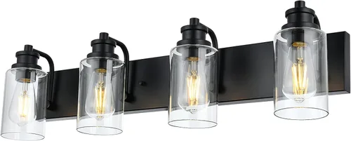 Miniatura 12 de Lámpara de baño vintage de 3 cabezales en acabado negro mate, pantalla de vidrio transparente clásica, iluminación de baño sobre espejo, lámpara