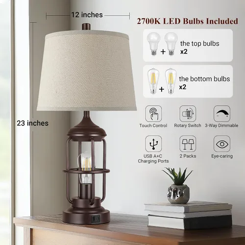 Miniatura 6 de Qimh Juego de 2 lámparas de mesa para dormitorio con puertos USB A+C, lámpara de mesita de estilo granja con luz nocturna, control táctil regulable