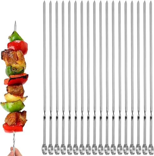 Miniatura 9 de Juego de 12 brochetas de metal plano para barbacoa de 14 pulgadas de largo, de acero inoxidable, para carne, camarones, pollo, verduras, 12
