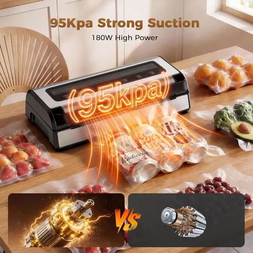 Miniatura 3 de Máquina automática selladora al vacío de alimentos Sellador al vacío de cocina de 180 W para sellado seco, húmedo y de recipiente Base