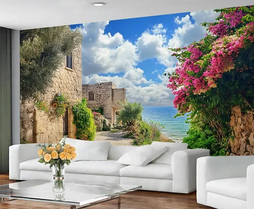 Miniatura 4 de Mural de pared de callejón floral mediterráneo, murales de pared 3D de ciudad mediterránea frente al mar, mural de papel tapiz fotográfico