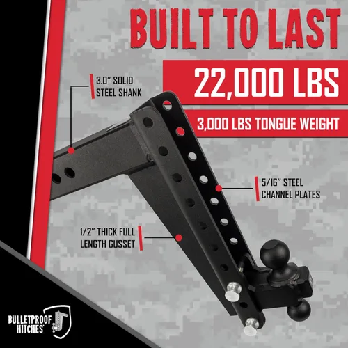 Miniatura 5 de BulletProof Hitches - Enganche de remolque resistente ajustable de 3.0 pulgadas (clasificación de 22,000 libras) - Enganche de remolque de caída