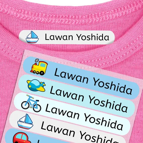 50 etiquetas adhesivas personalizadas para ropa infantil, adhesivos para planchar, resistentes a la lavadora y secadora, tamaño 2.4 x 0.4 in. Vehulo