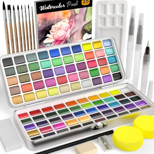 Nicpro Juego de pintura de acuarela de 100 colores, macarrón metálico y fluorescente, 8 pinceles sintéticos de ardilla, 25 papel de acuarela,