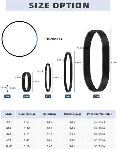 Miniatura 3 de BLUEWING Bandas de goma tácticas de 1.76 oz/8.82 oz, bandas elásticas de goma negras para pesca, tamaño 8#, 32#, 64#, 81#, 105#